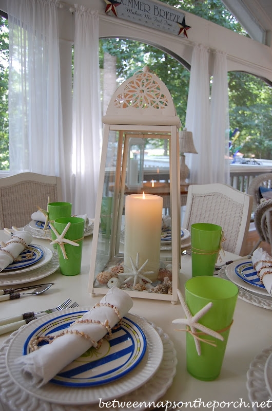 Beach Themed Table Setting Tablescape with Crab Plates and Starfish Centerpiece