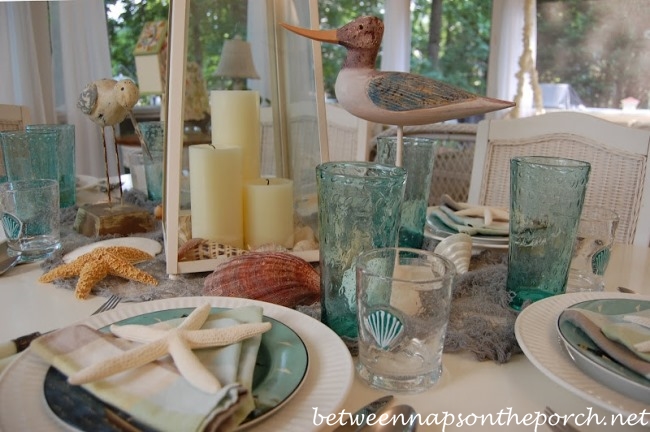 Beach Themed Table Setting with Sail Napkin Fold