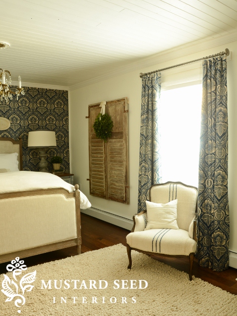 Miss Mustard Seed's Bedroom with Pkauffman Artissimo Navy Fabric Draperies