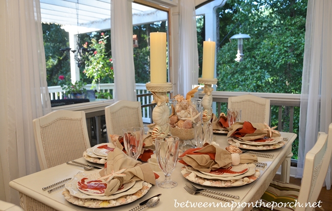 Beach Tablescape with Lobster and Crab Plates on Shell Chargers