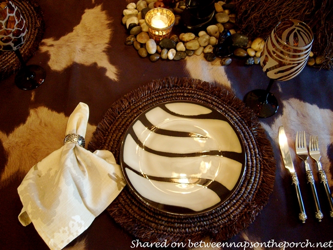 Zebra Striped Plates for an African Safari Themed Table Setting Tablescape