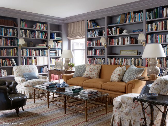 Beautiful Library Painted in a Blue Gray, Perfect for an English Country Home