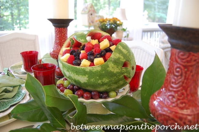 Carved Watermelon Centerpiece for a Summer Table Setting_wm