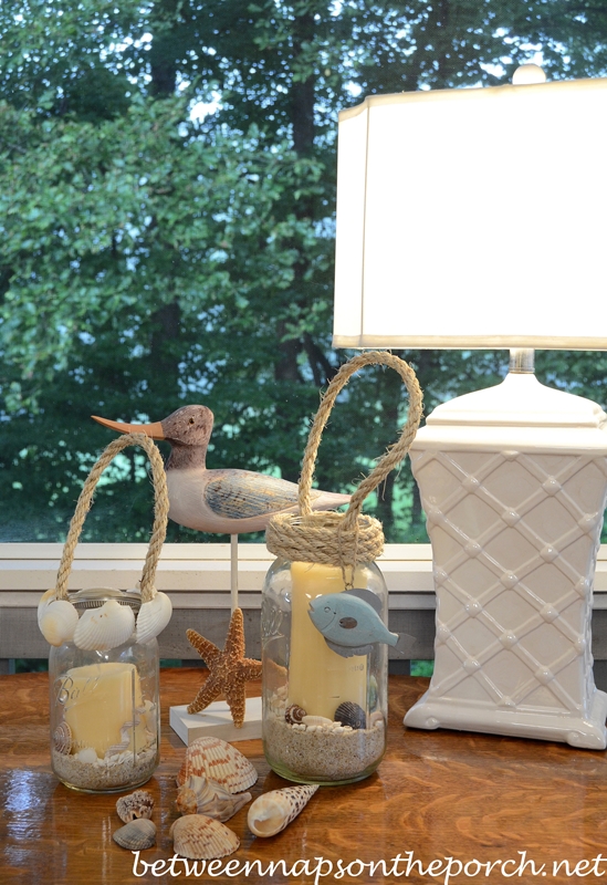 Candle Lanterns Made with Mason Jars, Rope and Shells