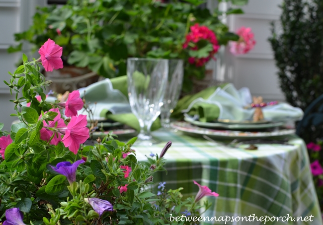 Floral Summer Table Setting with Geraniums and Petunias