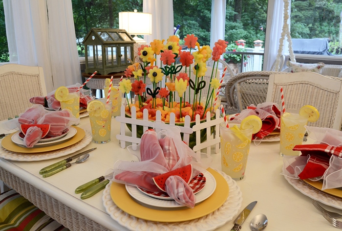 Summer Table, Carved Watermelon Centerpiece, Ant Plates, Lemon Glasses