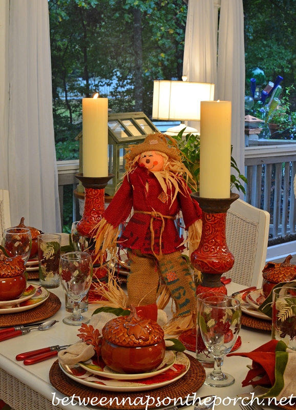 Autumn Table Setting Tablescape with Scarecrow Centerpiece