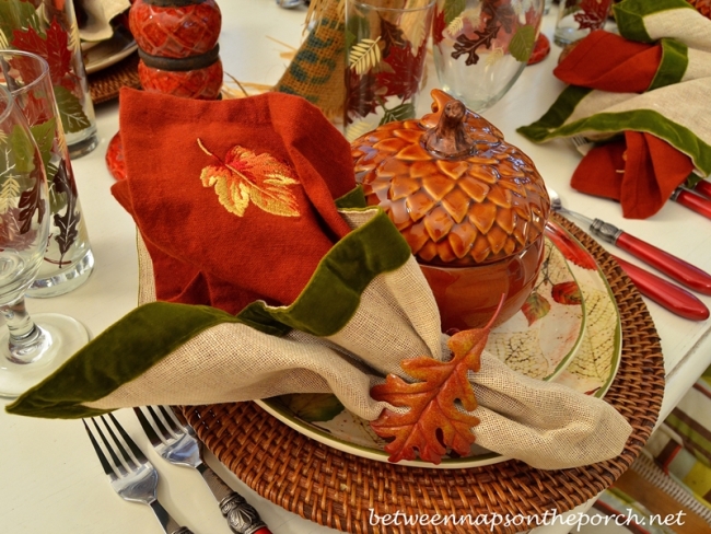 Burlap and Green Velvet Napkins in a Fall Table Setting