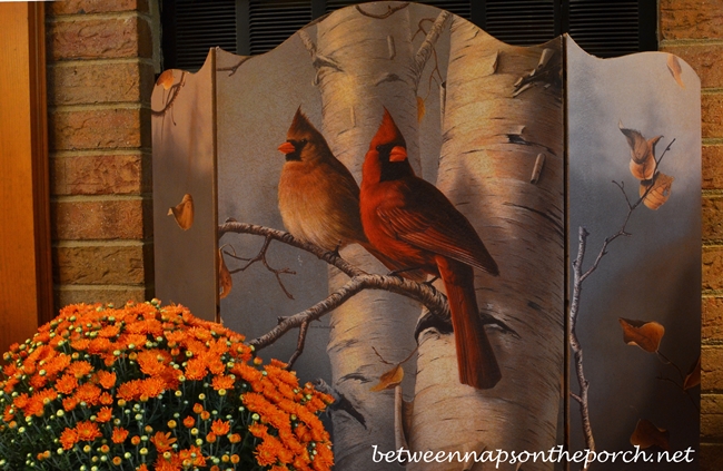 Fall Firescreen Depicting Cardinals and Birch Tree_wm