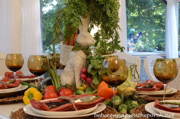 Garden Table Setting with Bunny and Vegetable Centerpiece