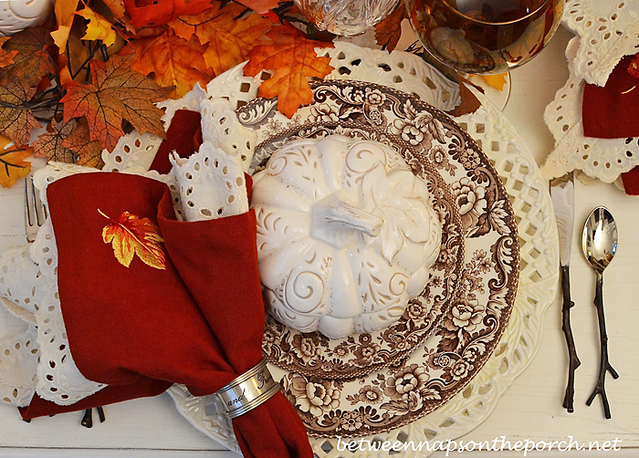 Autumn Fall Table Setting with Spode Woodland, Pumpkin Soup Tureens and Twig Flatware