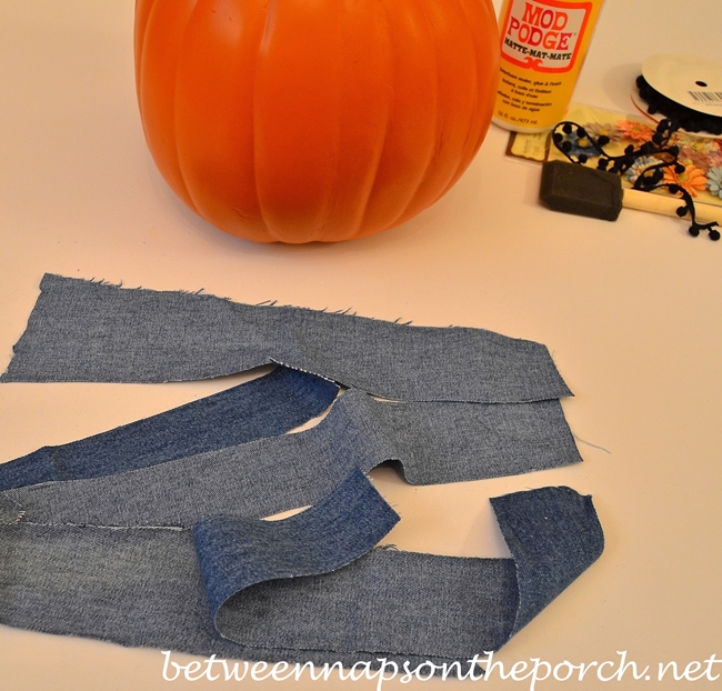 Cut Strips of Old Jeans to Make a Denim Pumpkin