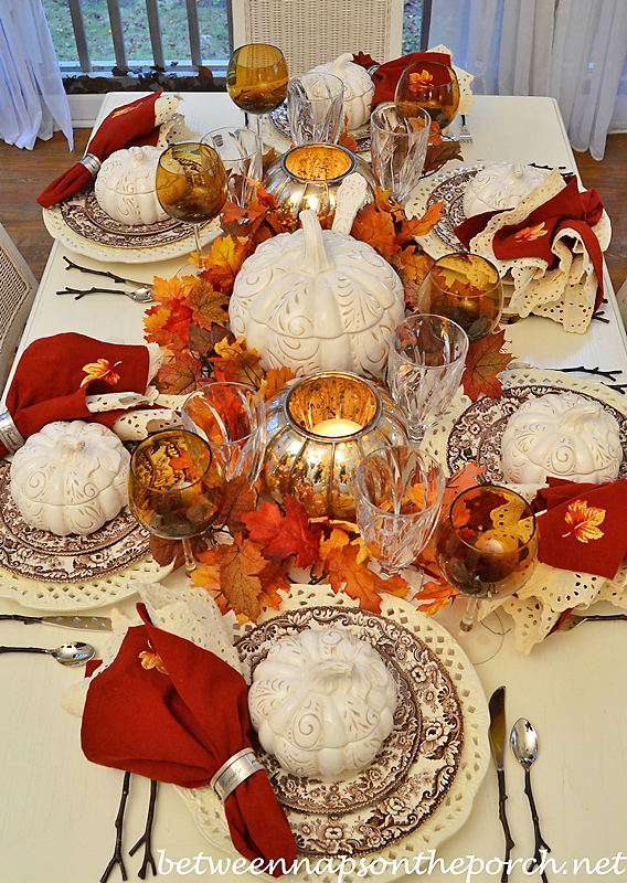 Fall Tablescape Table Setting with Spode Woodland, Pumpkin Tureens and Twig Flatware