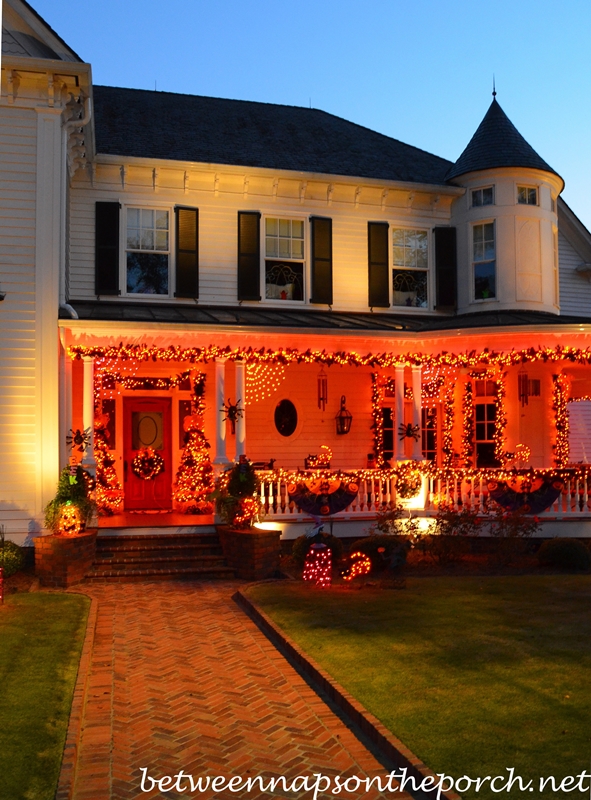 Front Porch Decorated for Halloween with Lights