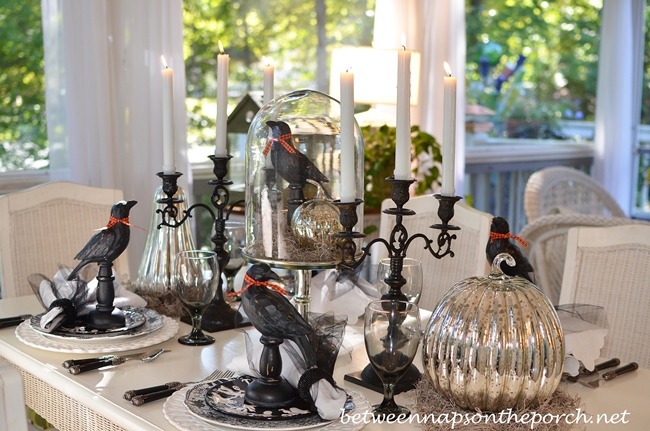 Halloween Table Setting with Crows and Mercury Glass Pumpkins