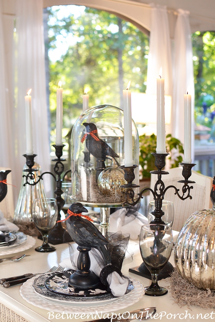 Halloween Table Setting Tablescape with Mercury Glass Pumpkins and Crow