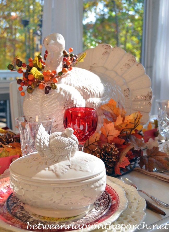 Thanksgiving Table Setting Tablescape with Spode Woodland, Copeland Spode Tower, Rustic Turkey Centerpiece and Turkey Tureens