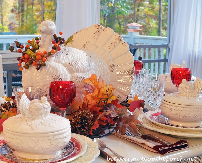 Thanksgiving Table Setting Tablescape with Spode Woodland, Copeland Spode Tower, Rustic Turkey Centerpiece and Turkey Tureens