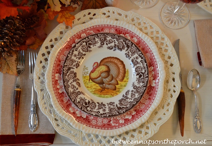 Thanksgiving Table Setting Tablescape with Spode Woodland, Copeland Spode Tower, Rustic Turkey Centerpiece and Turkey Tureens