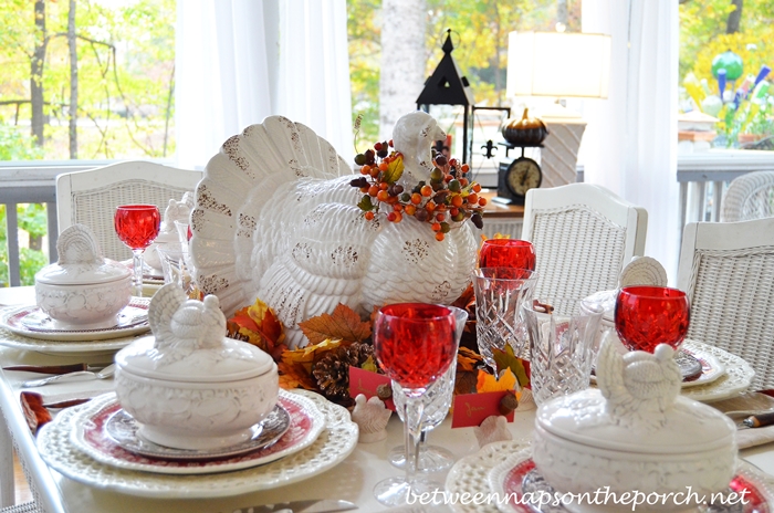 Thanksgiving Table Setting Tablescape with Spode Woodland, Copeland Spode Tower, Rustic Turkey Centerpiece and Turkey Tureens