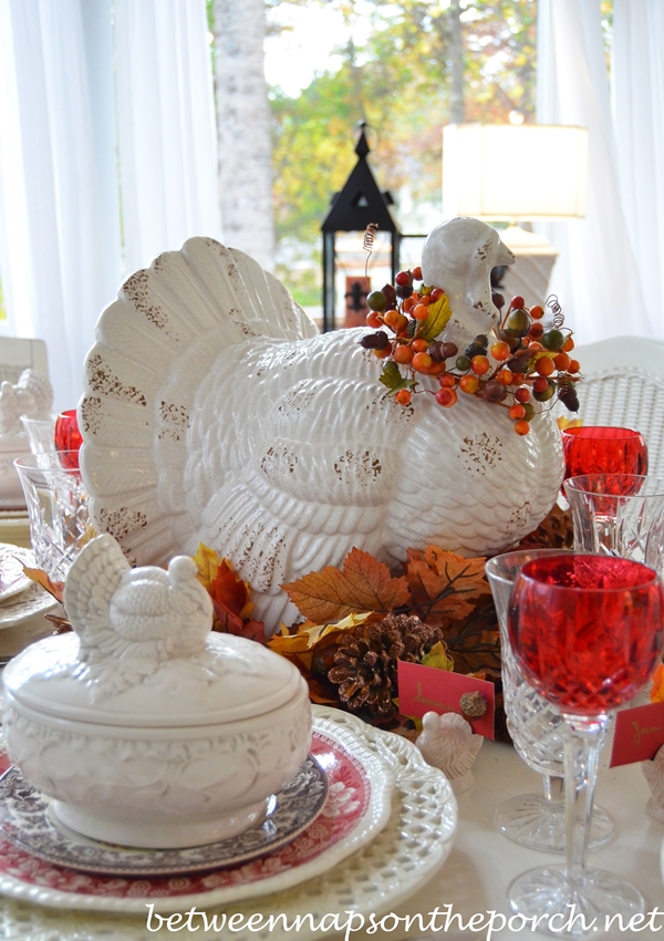 Thanksgiving Table Setting Tablescape with Spode Woodland, Copeland Spode Tower, Rustic Turkey Centerpiece and Turkey Tureens