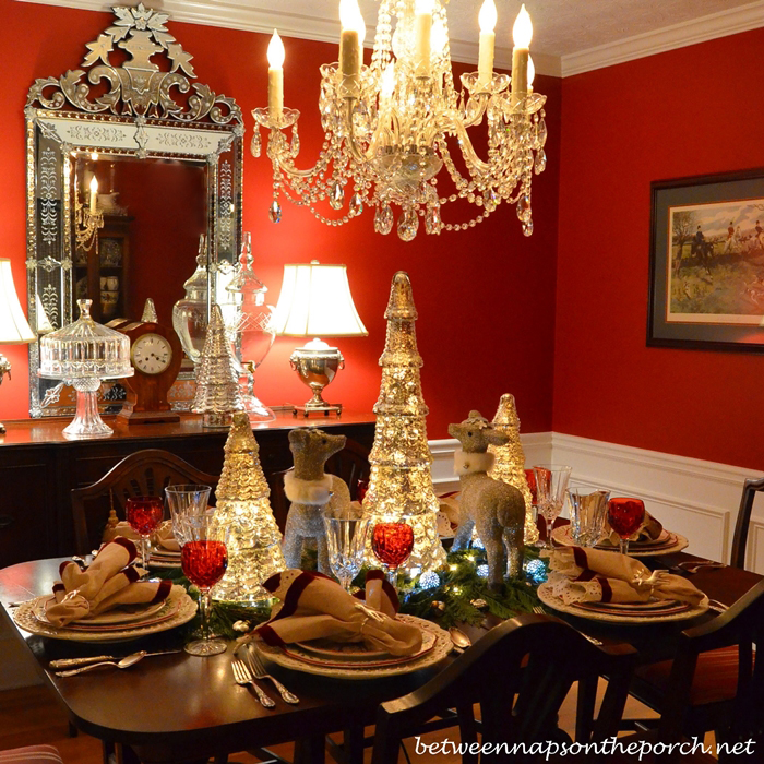 Christmas Table Setting Tablescape with Mercury Glass Trees, Cedar ...