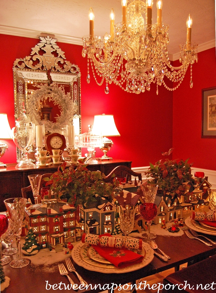 Christmas Table Setting Tablescape with Dept. 56 Lit Houses and Lenox