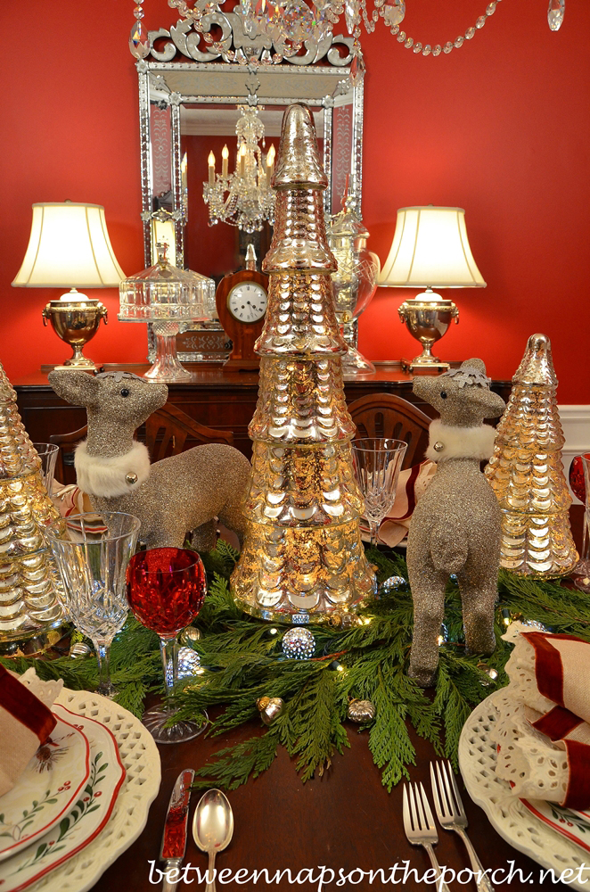 Christmas Table Setting with Mercury Glass Trees and Cedar Garland