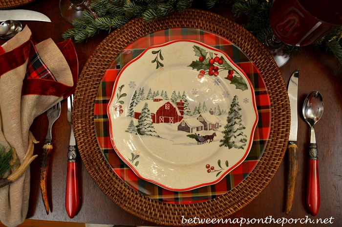 Christmas Table Setting with Plaid Plates and Antler Flatware_wm