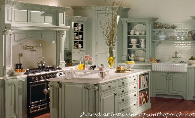 French Country Kitchen with Sea Green Cabinets