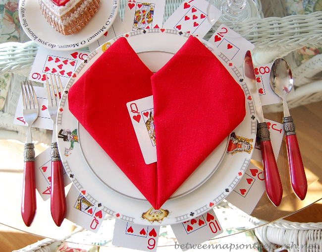 Valentine's Day Table Setting with Alice in Wonderland Dishware