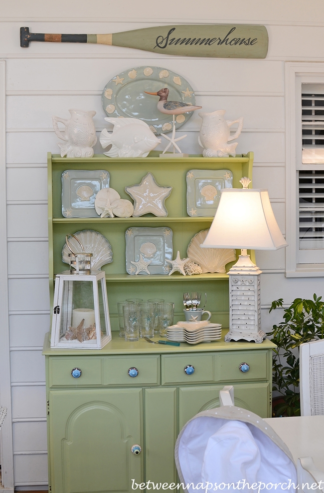 Beach Hutch Decorated with Beach Themed Dishes