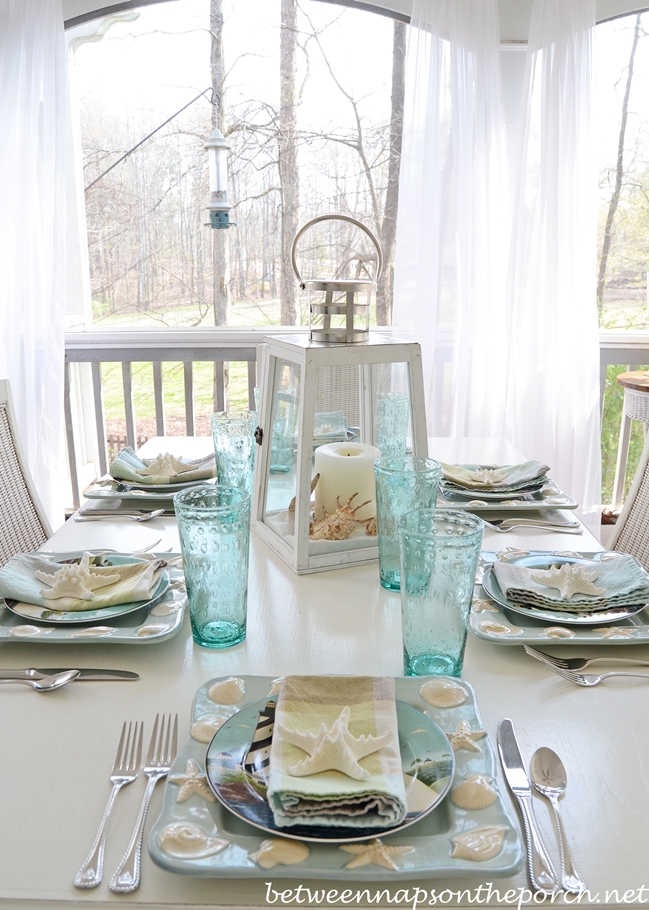 Beach Themed Table Setting Tablescape With Lighthouse ...