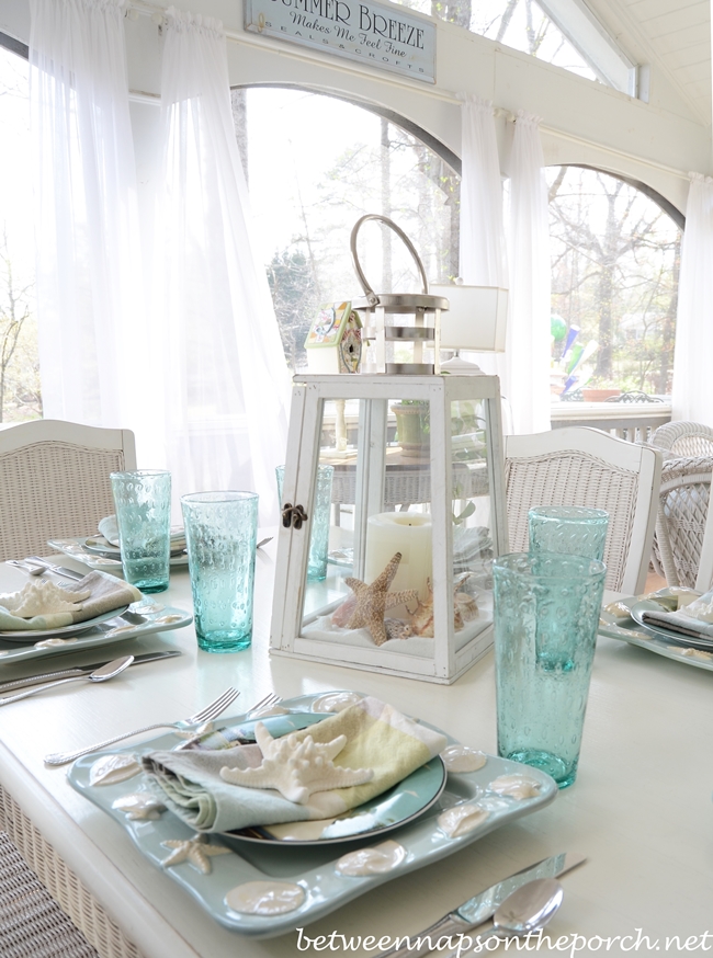 Beach Table Setting With Lighthouse Lantern Centerpiece – Between Naps on  the Porch