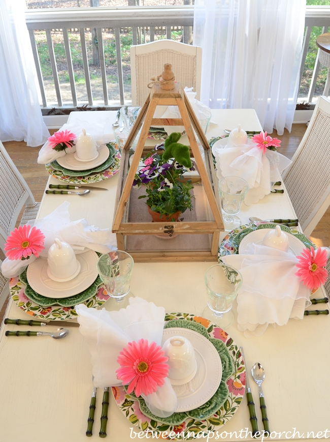 Easter Spring Table Setting Tablescape with Greenhouse Centerpiece