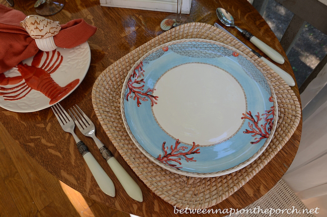 Beach Themed Table Setting in Aqua and Orange  with Lobster Plates 