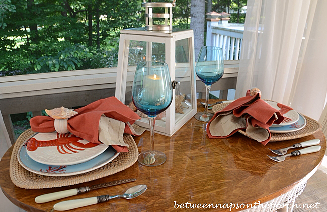 Beach Themed Table Setting in Aqua and Orange  with Lobster Plates 