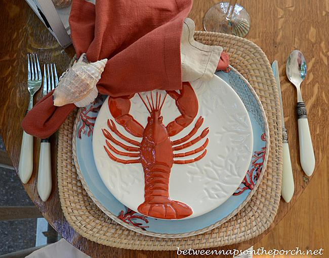 Beach Themed Table Setting in Aqua and Orange  with Lobster Plates