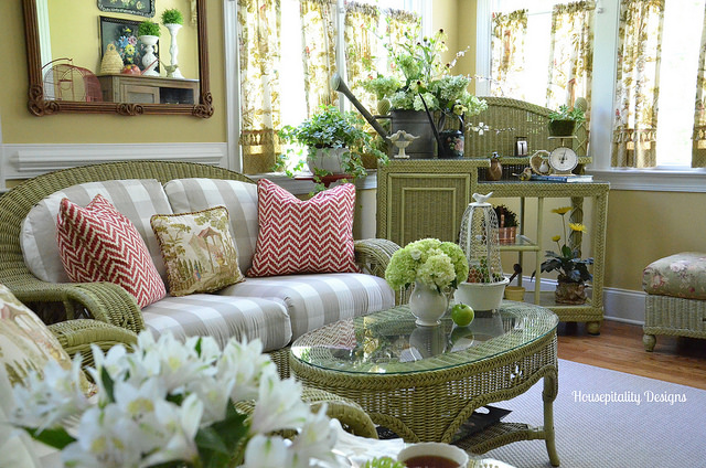 Sunroom with Striped Fabric, Wicker Furniture