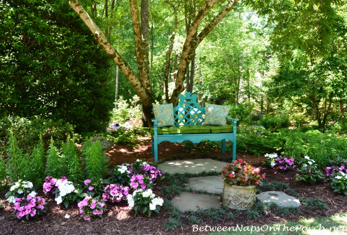 Aqua Turquoise Garden Bench in the Garden