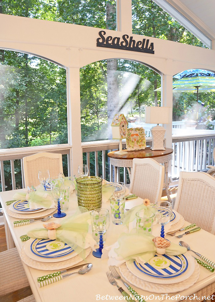 Beach Table Setting on Screened-in Porch