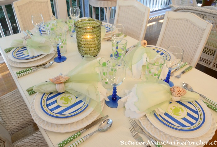 Beach Table Setting with Green Polka Dot Glasses