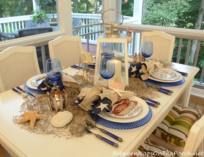 Beach Themed Centerpiece with Fishing Net, Shells & Lantern