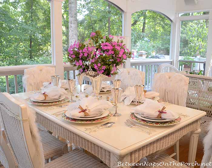 Birthday Party Table Setting With Angel Wings For Chairs