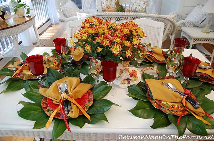 Fall Autumn Table Setting With Magnolia Leaf Chargers