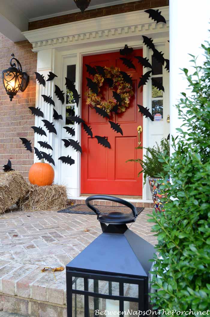 Halloween Front Porch With Bats Across Door 