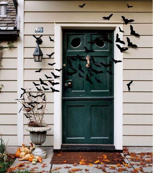 Halloween Front Porch With Bats Across Door 