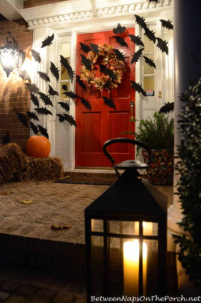 Halloween Front Porch With Bats Across Door 
