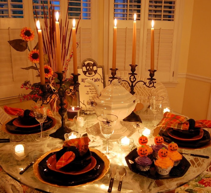 Halloween Table Setting with Spiderweb Tablecloth