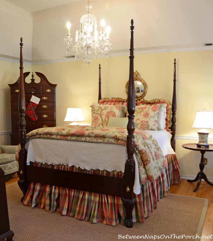 4 Poster Bed with Plaid Moire Bedskirt